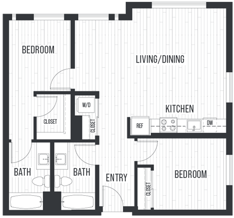 Floor plan for 2 beds, 2 baths, 1052 sqft